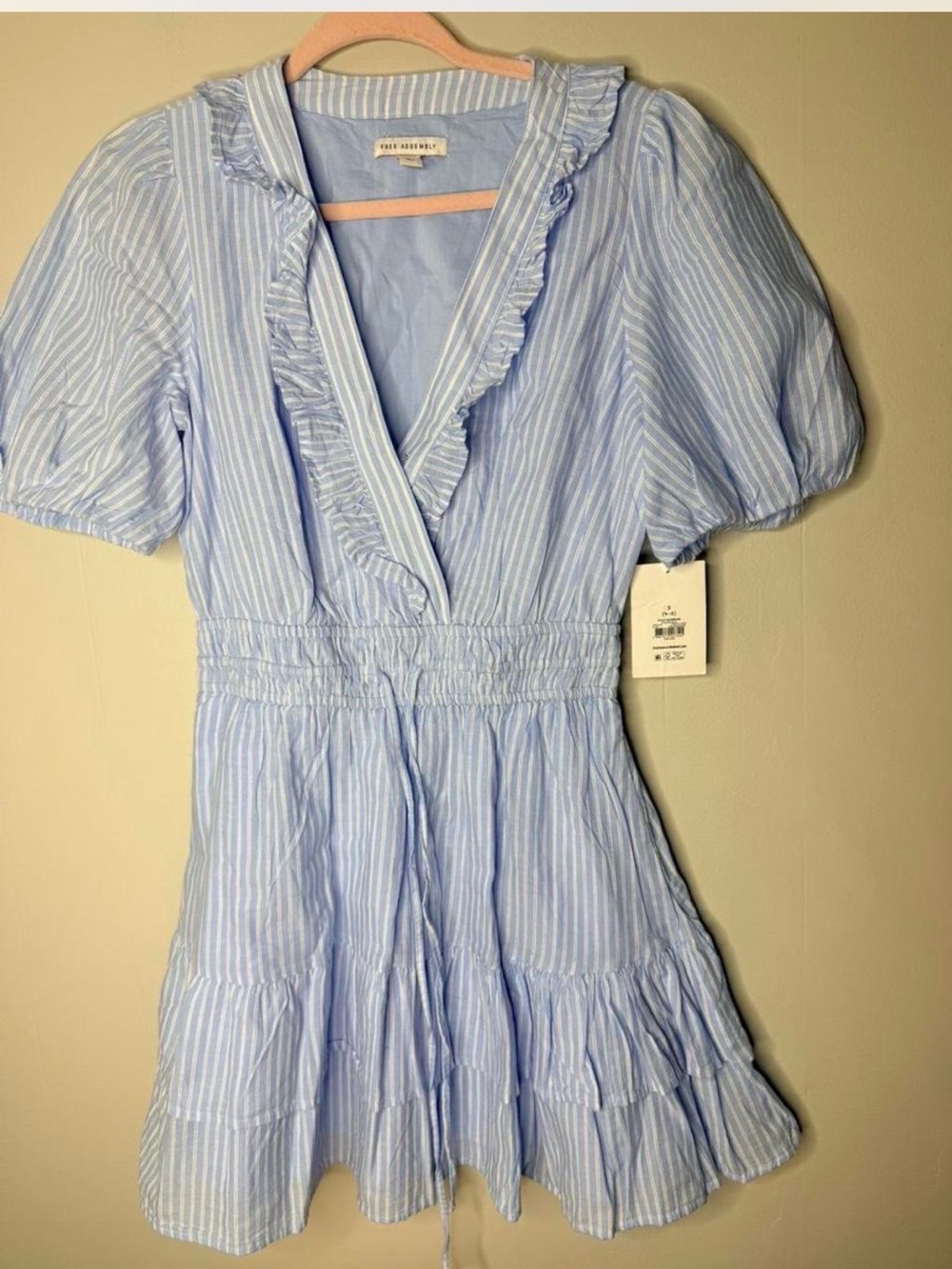 Free Assembly Light Blue Striped Ruffle Wrap Dress